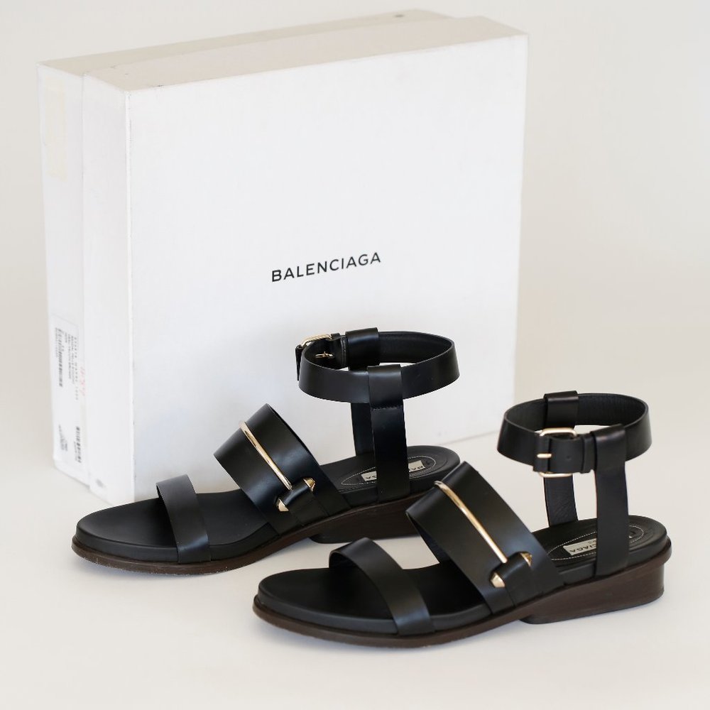 Balenciaga Black Leather Pierce Sandals with Metal